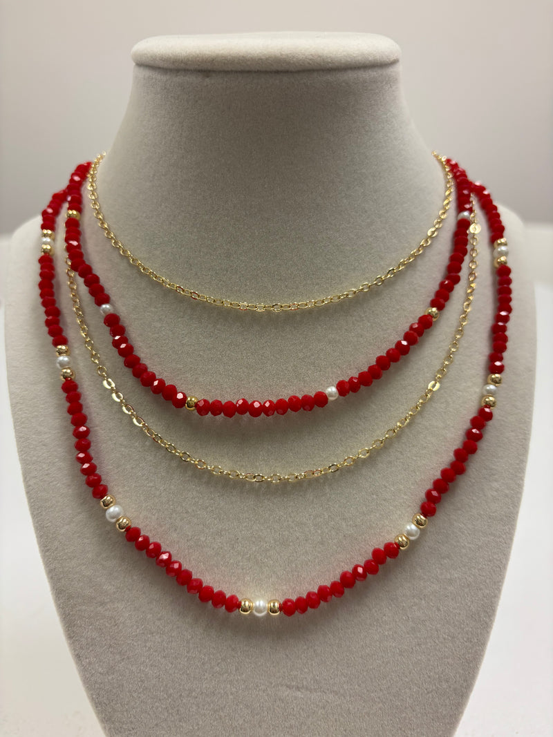 Multiple Layers Gold & Red Beads W/Mini Pearl Necklace