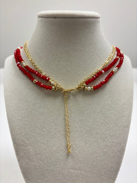 Multiple Layers Gold & Red Beads W/Mini Pearl Necklace