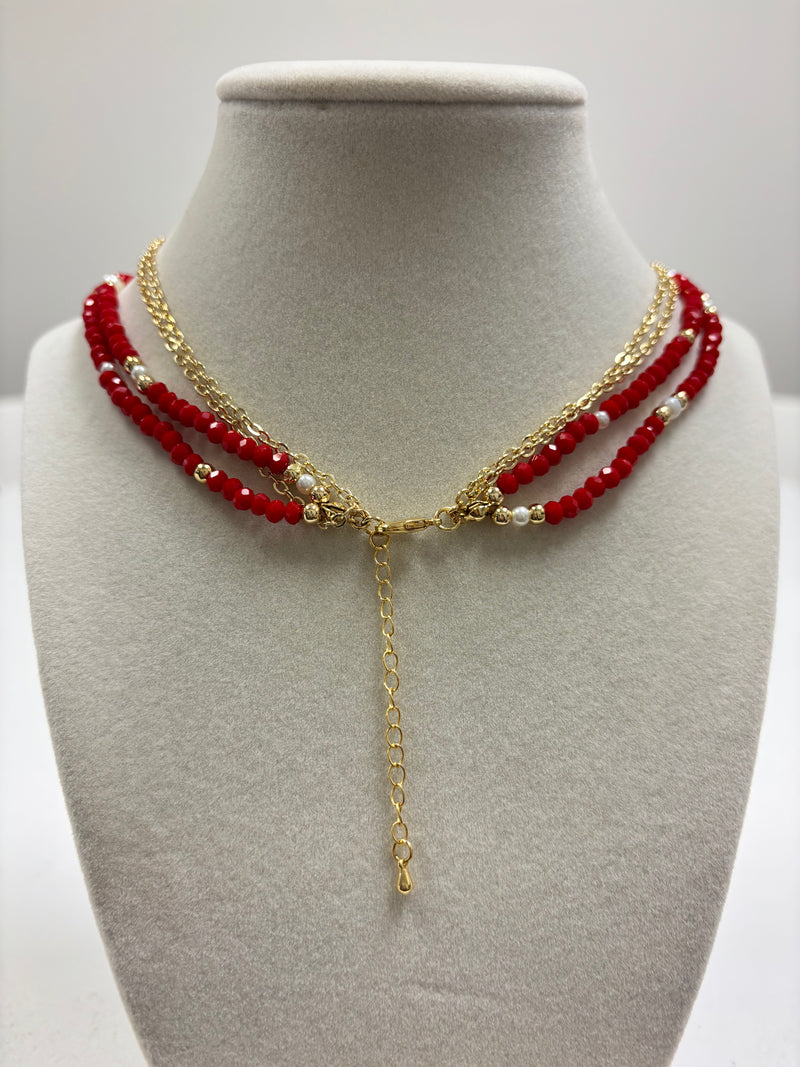 Multiple Layers Gold & Red Beads W/Mini Pearl Necklace