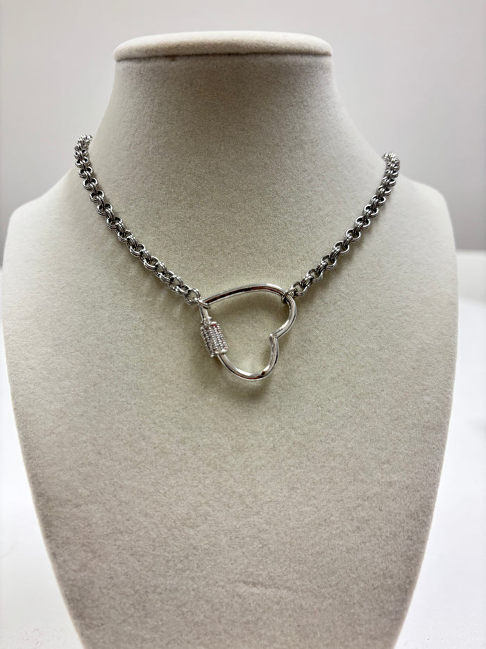Stainless Steel Chain W/Rhinestone Heart carabiner Clasp Necklace