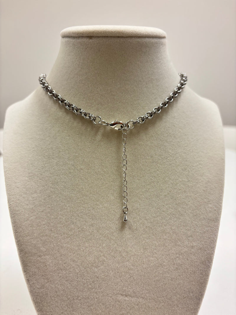 Stainless Steel Chain W/Rhinestone Heart carabiner Clasp Necklace