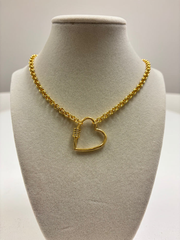 Stainless Steel Chain W/Rhinestone Heart carabiner Clasp Necklace