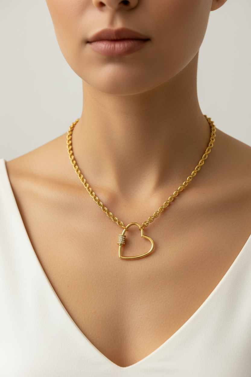 Stainless Steel Chain W/Rhinestone Heart carabiner Clasp Necklace