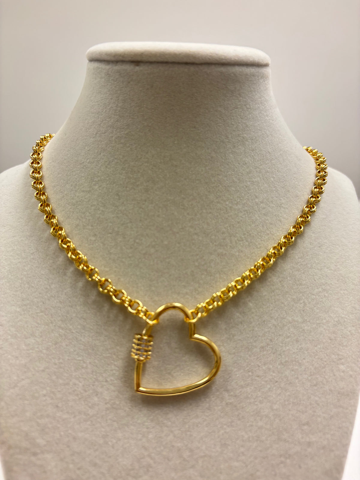 Stainless Steel Chain W/Rhinestone Heart carabiner Clasp Necklace
