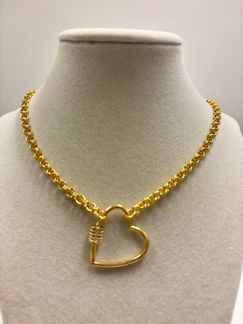 Stainless Steel Chain W/Rhinestone Heart carabiner Clasp Necklace