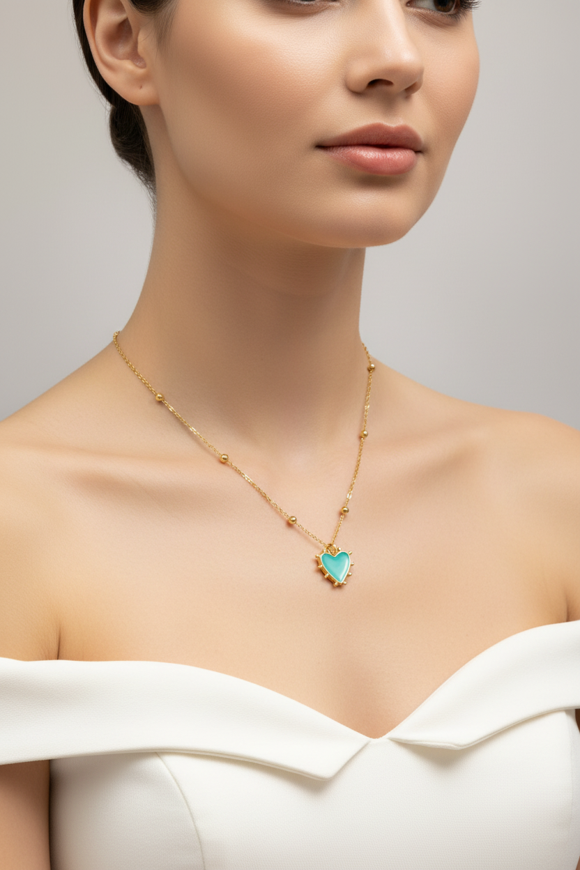 Thin Gold Cuban W/Turquoise Heart Necklace