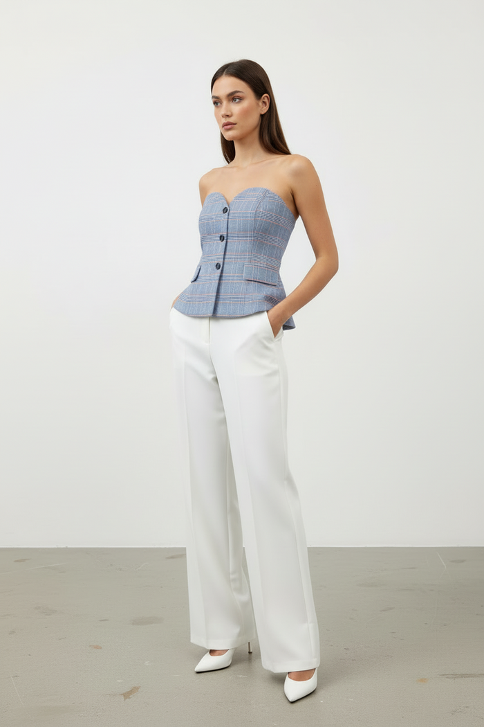 Solid Color Strapless Button Close-Fitting Top