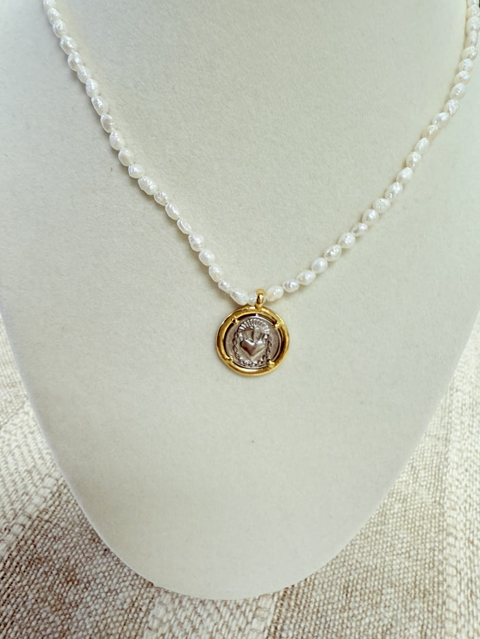 Pearl Stone Necklace W/ Jesús’s Heart Medal