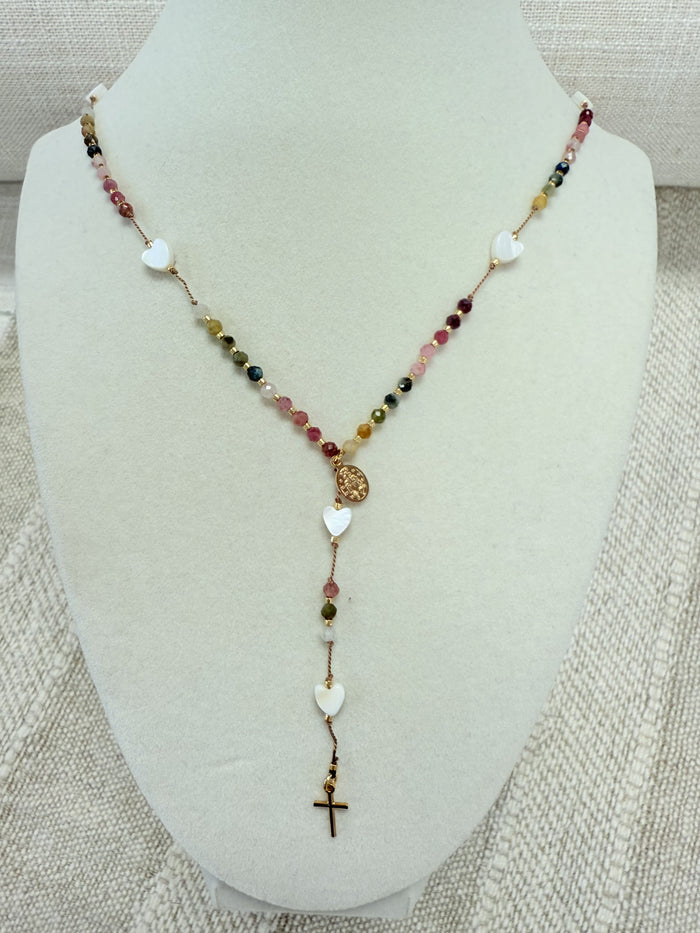 Tan Rosary W/ Colorful Beads & Nacar Hearts W/ Gold Cross