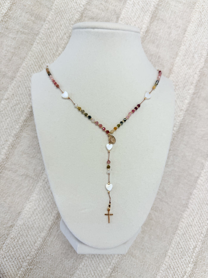 Tan Rosary W/ Colorful Beads & Nacar Hearts W/ Gold Cross