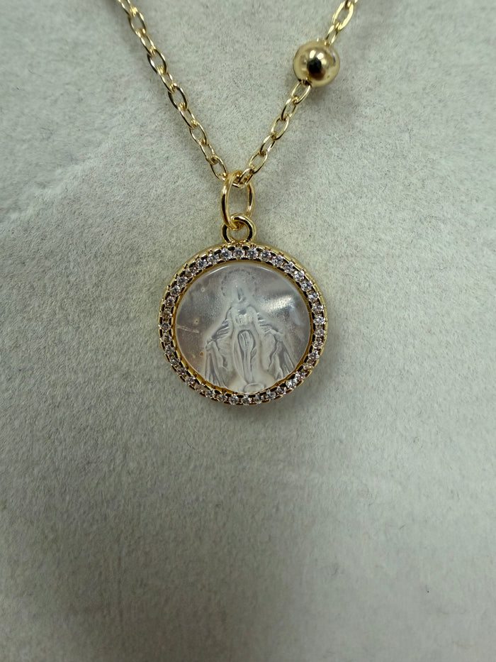 Virgin Mary Medallion NeckLace W/Brilliant Frame