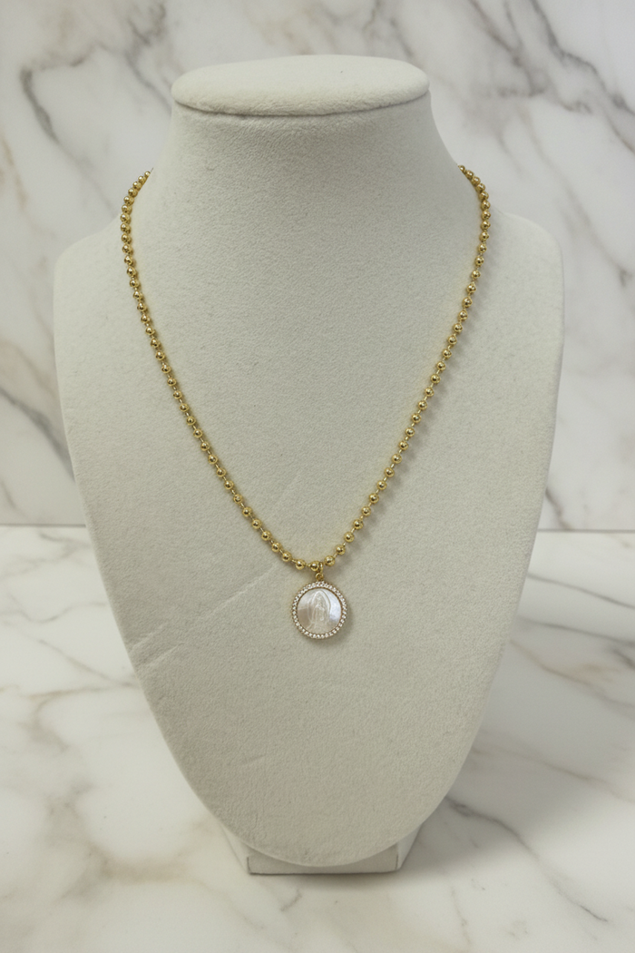 Gold Beaded Necklace W/Pearl-Finish Medallion