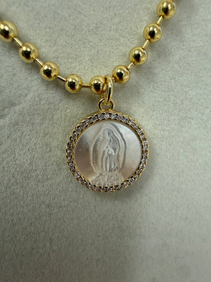 Gold Beaded Necklace W/Pearl-Finish Medallion