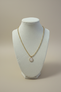 Gold Beaded Necklace W/Pearl-Finish Medallion