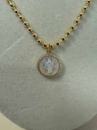 Gold Beaded Necklace W/Pearl-Finish Medallion