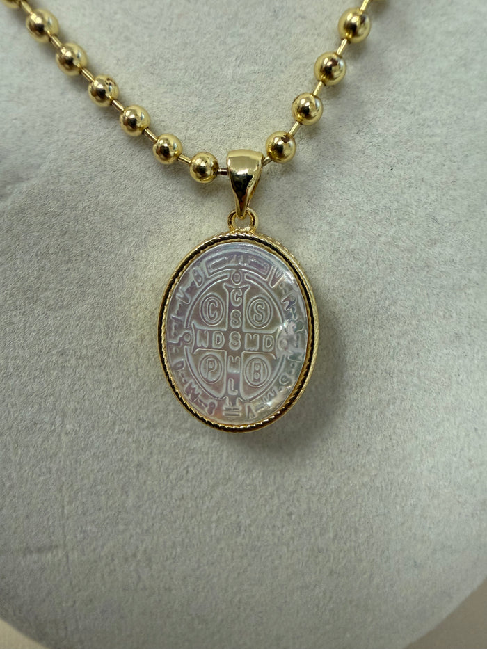Gold Saint Benedict Necklace W/Beaded Chain