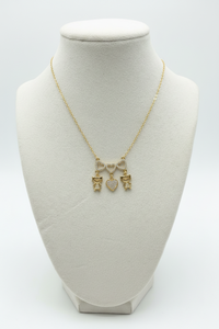 Gold Three-Hearts Necklace W/Two Girls & Heart Charms