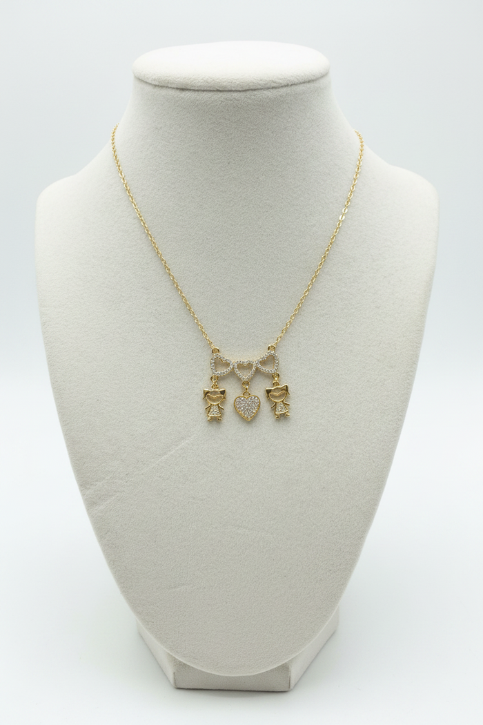 Gold Three-Hearts Necklace W/Two Girls & Heart Charms