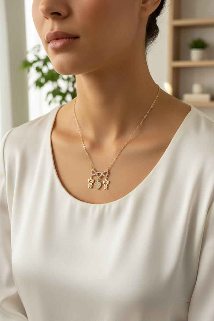 Gold Three-Hearts Necklace W/Two Girls & Heart Charms