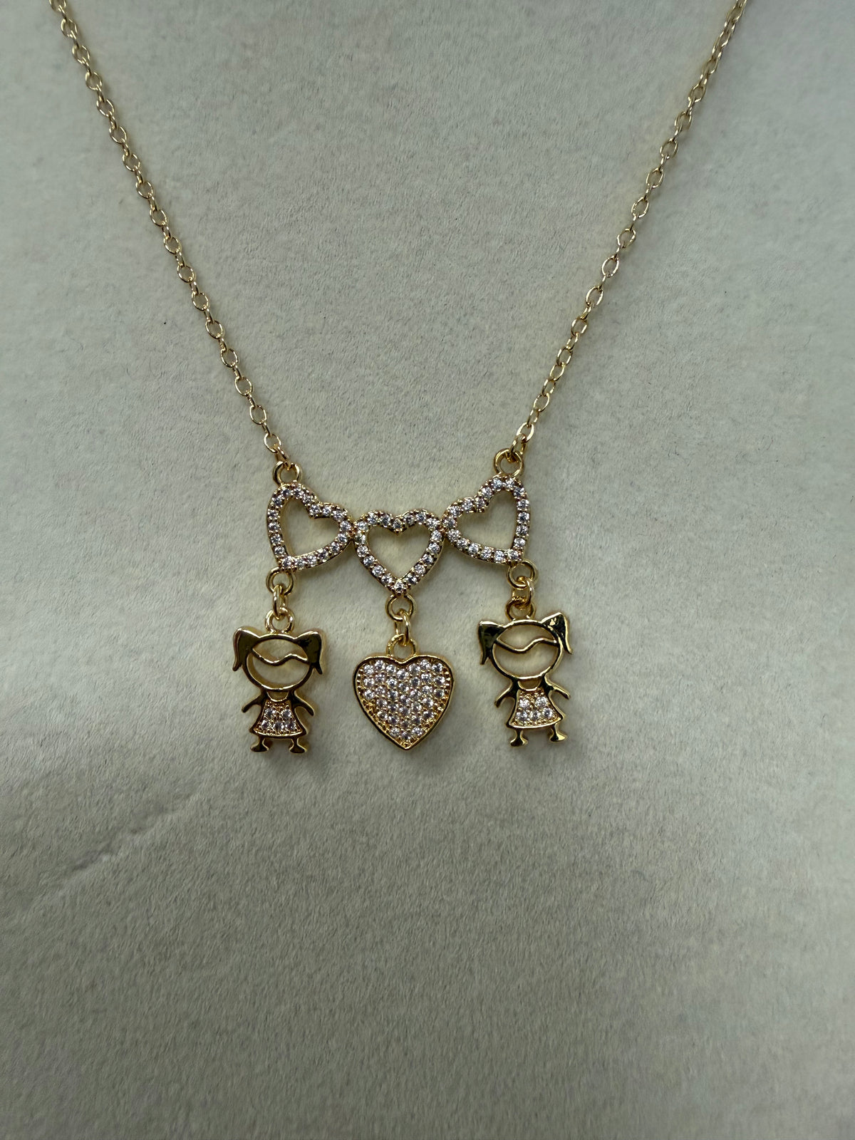 Gold Three-Hearts Necklace W/Two Girls & Heart Charms