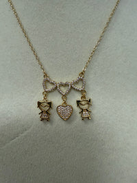 Gold Three-Hearts Necklace W/Two Girls & Heart Charms