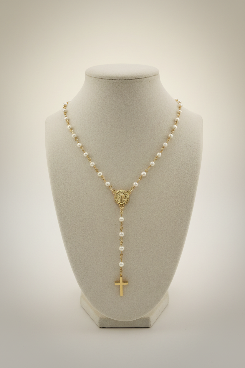 Delicate White Bead Cross Necklace