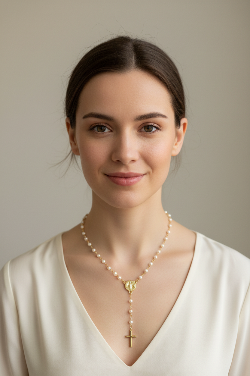 Delicate White Bead Cross Necklace