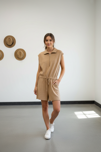 Beige Half Zip Neck Sleveless Romper