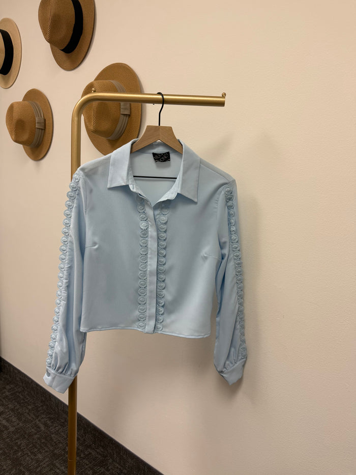 LongSleeve Trim Detail Button Down Light Blue Top