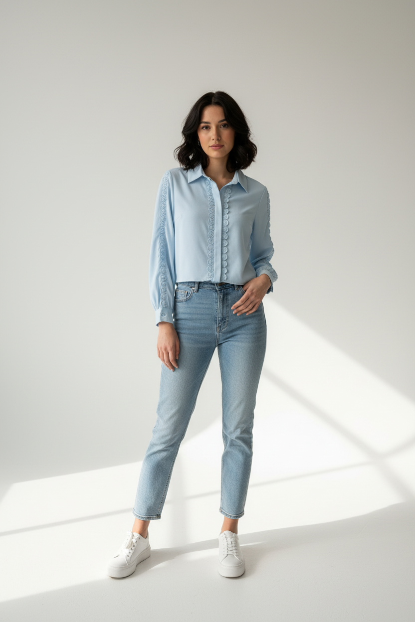 LongSleeve Trim Detail Button Down Light Blue Top