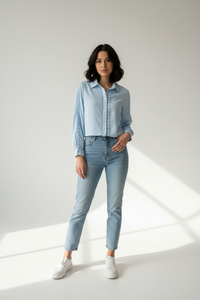 LongSleeve Trim Detail Button Down Light Blue Top
