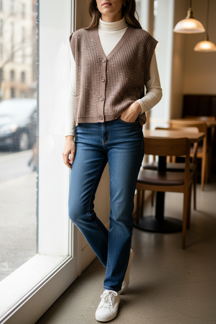Mocha Knit W/Sequin Vest