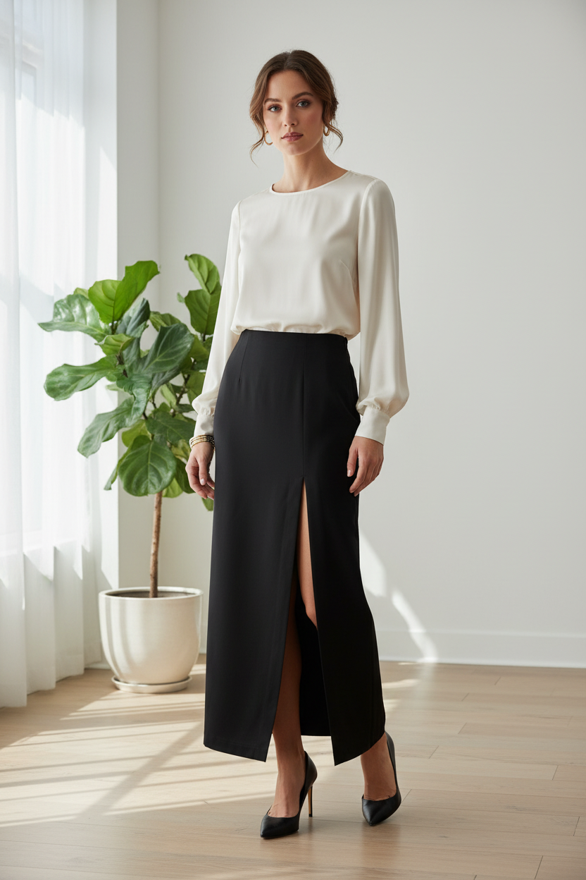 Open Slit Stretch Maxi Skirt