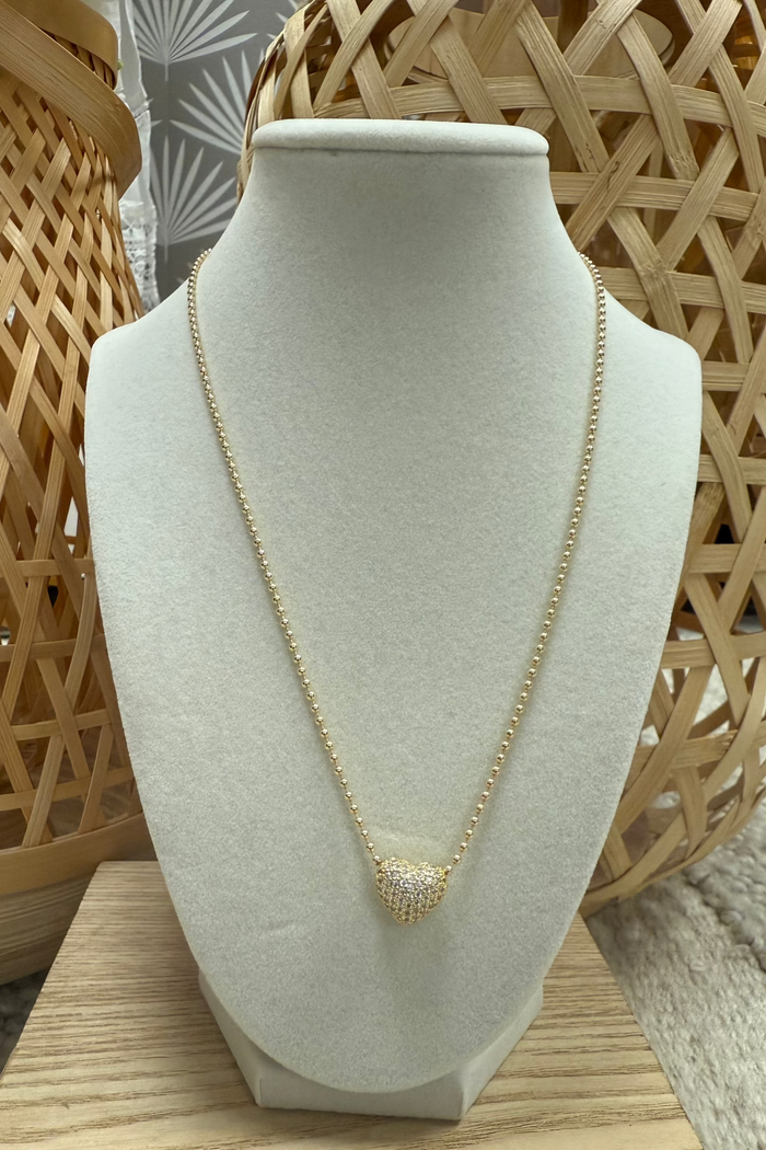 Gold Mini Beads W/ Brilliant Heart Necklace