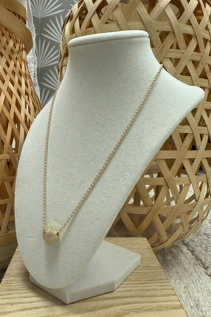 Gold Mini Beads W/ Brilliant Heart Necklace