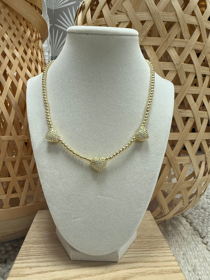 Small Gold Beads W/3 Brilliants Hearts