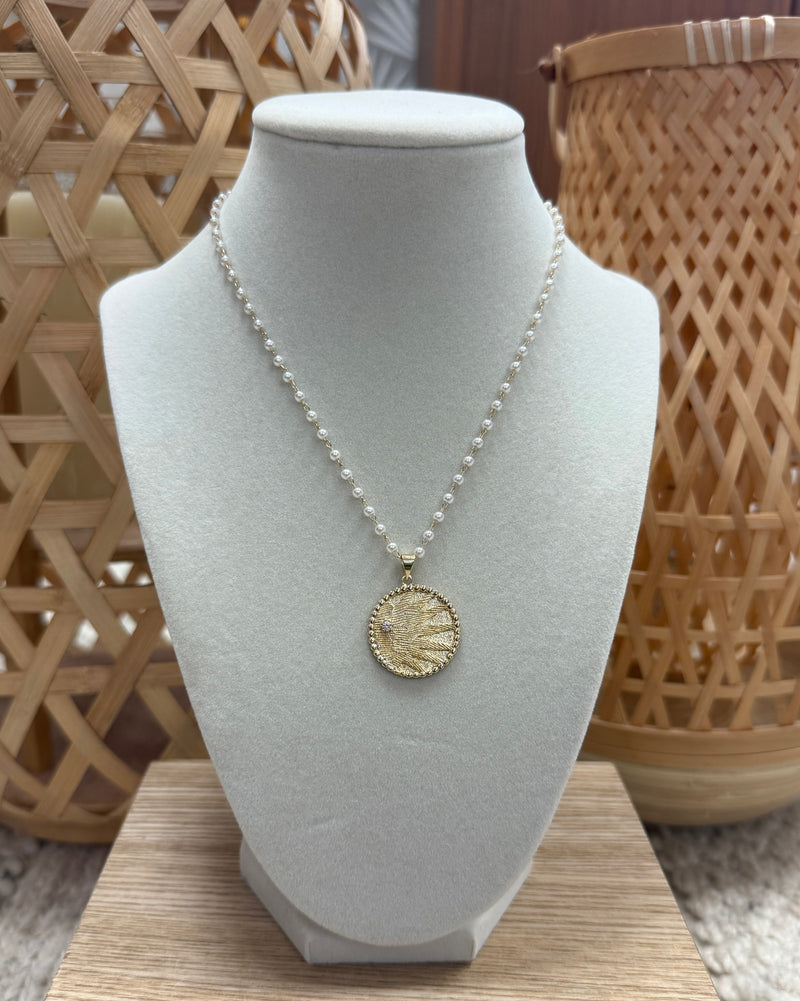 Gold & Pearl Necklace W/ Large Gold Disk