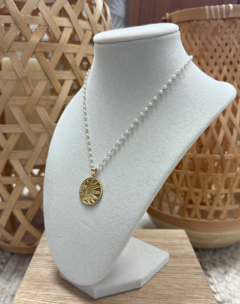 Gold & Pearl Necklace W/ Large Gold Disk