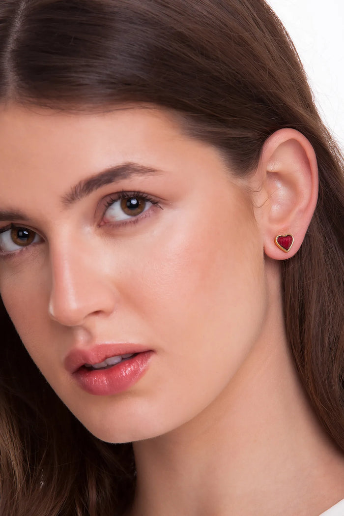 Small Heart  Earring - 18K Gold Plated / Red Feldspar Stone