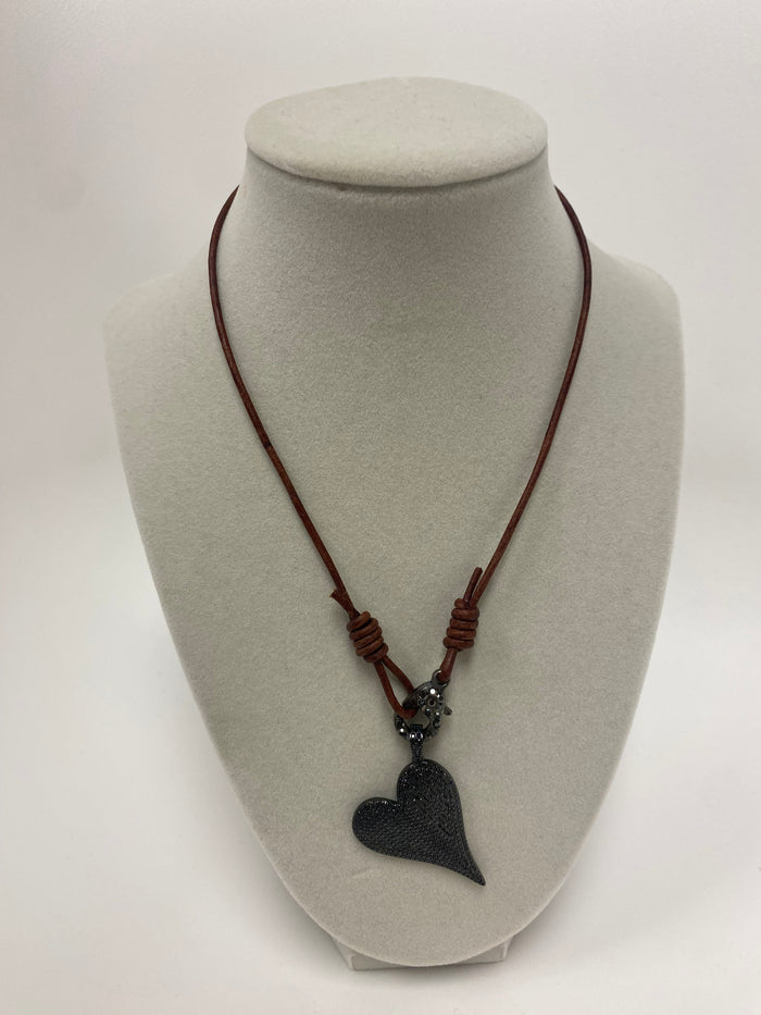 Twig Necklace W/ Silver Clasp & Charcoal Heart