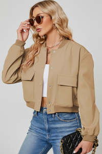 Short Cropped Jacket Women Button Down Long Sleeve Casual Varsity Jackets with Pockets