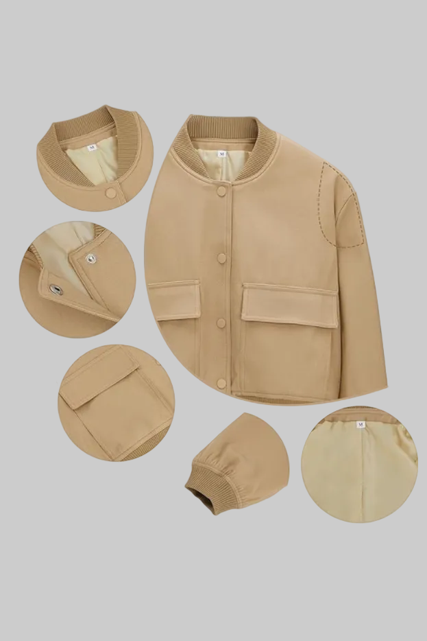 Short Cropped Jacket Women Button Down Long Sleeve Casual Varsity Jackets with Pockets