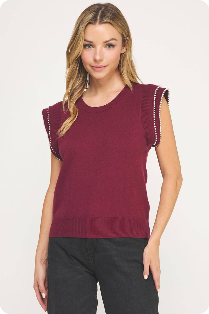 Pearl Trim Sleeveless Knit Sweater Top