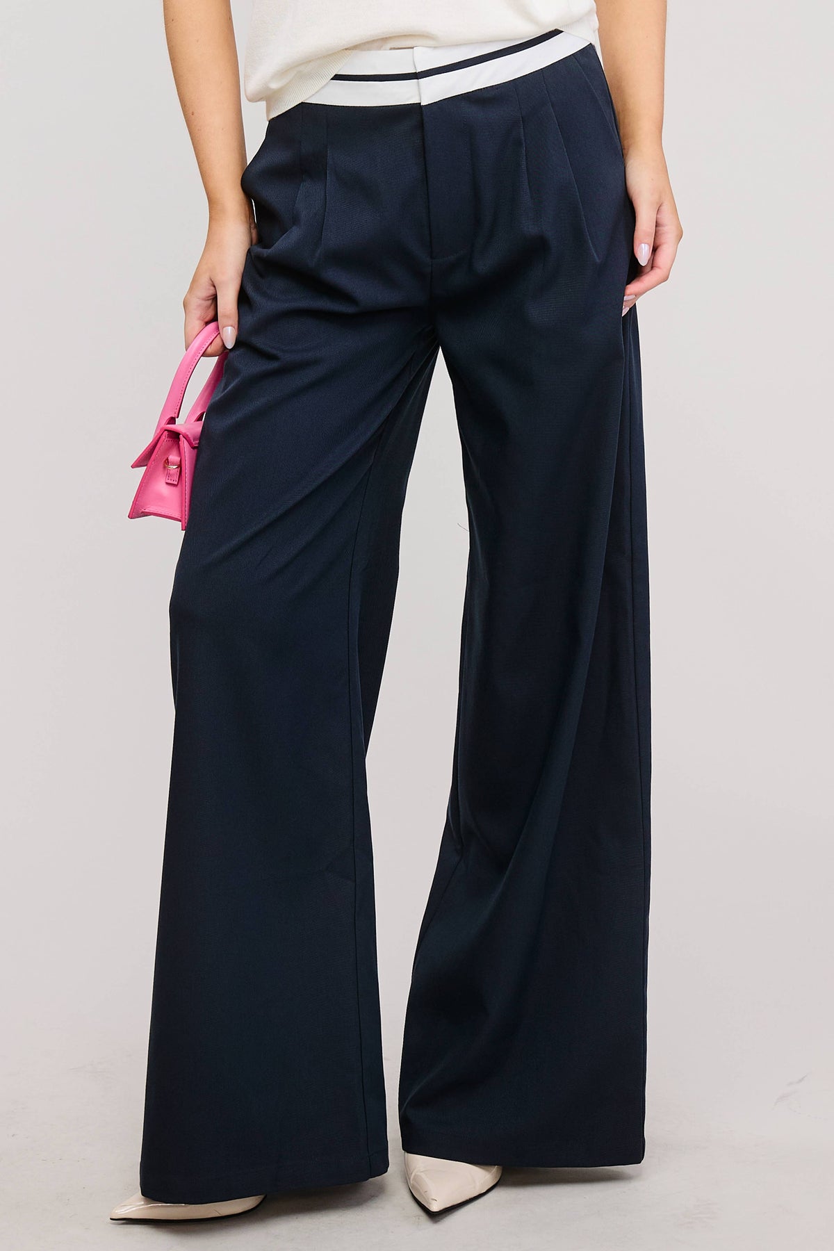 Navy Contras Waist Detail Woven Trouser Pant