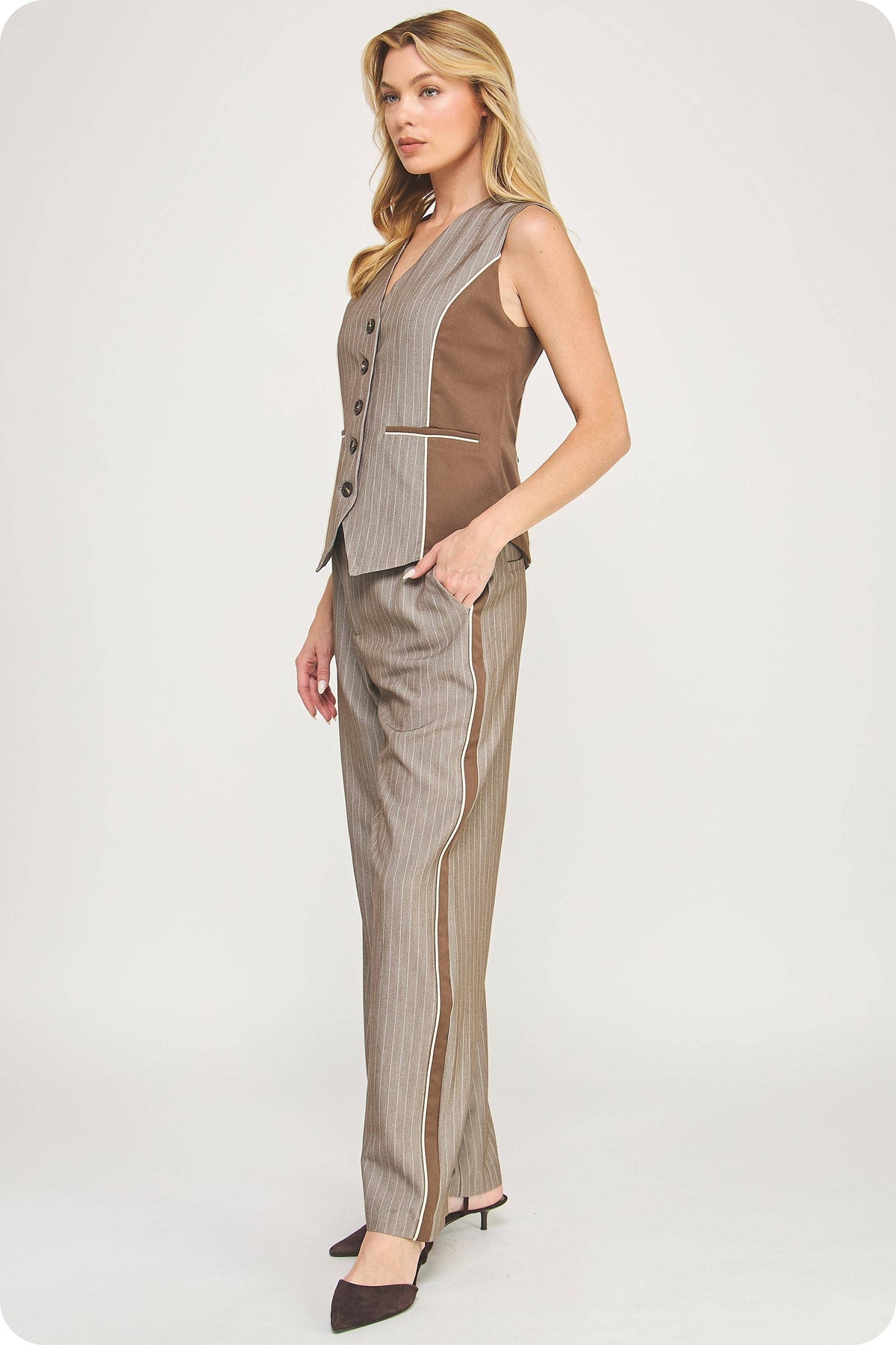 Double Waist Pinstripe Piping Trouser