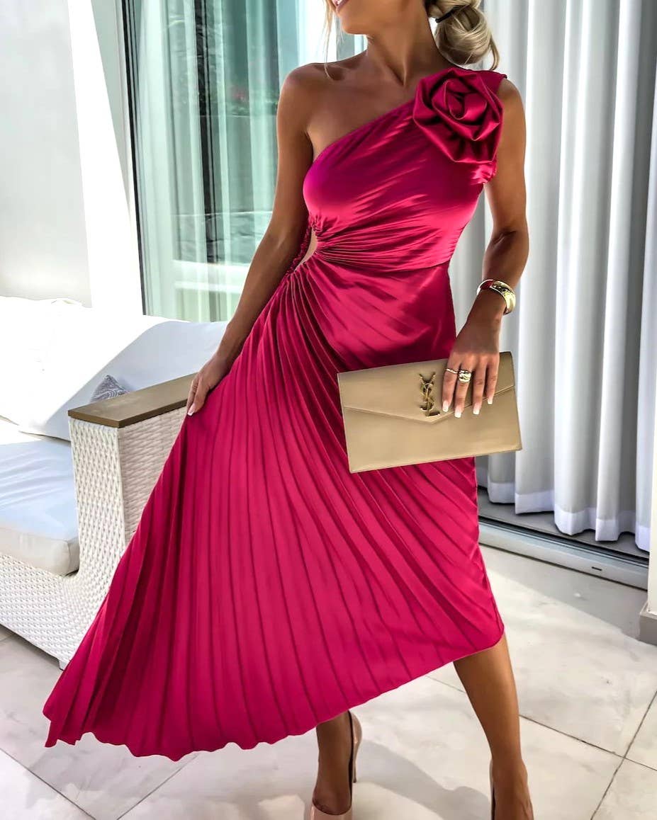 Stylish Sexy Slanted Shoulder Pleated Cut-Out Gown