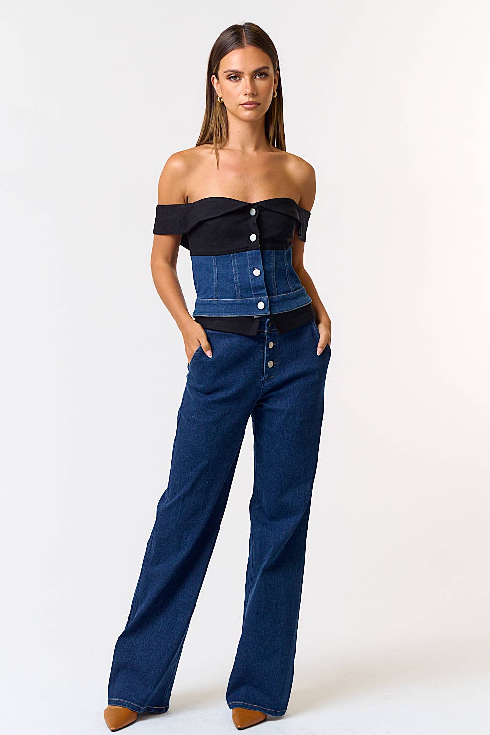 Foldover Contrast Waist Button Up Denim Pants