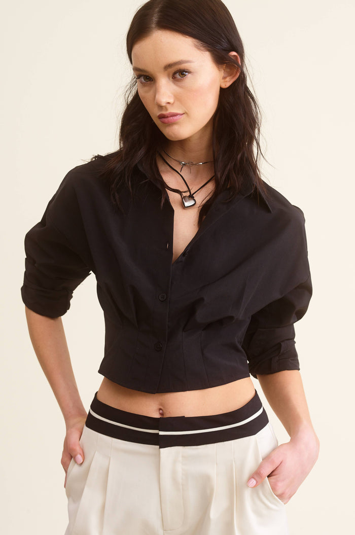 Cropped Collared Shirt With Cinched Waist Detail