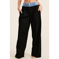 Denim Waistband Contrast Wide Leg Pants