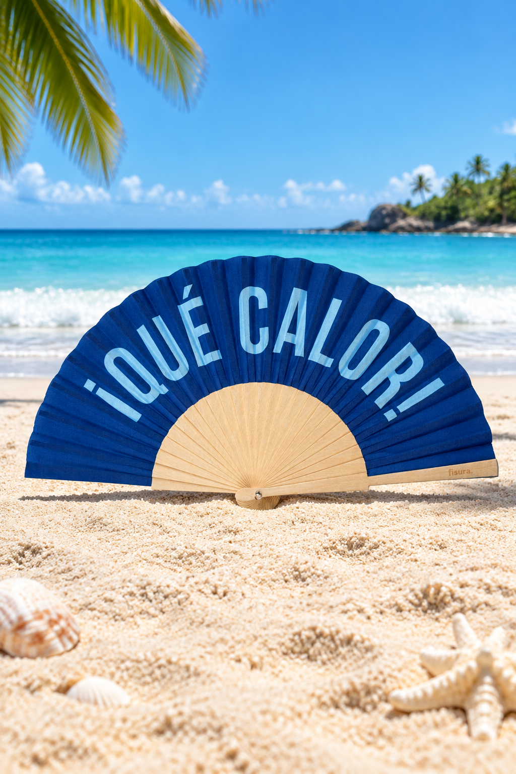 Hand Fan "Que Calor"Blue and Light Blue